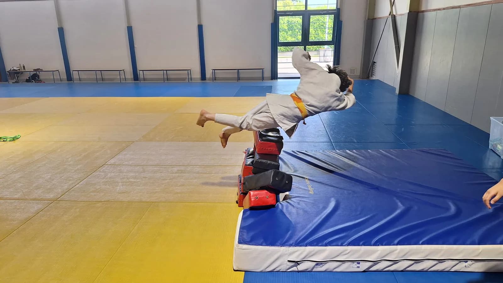 Enfant en plein mouvement sur le tatami